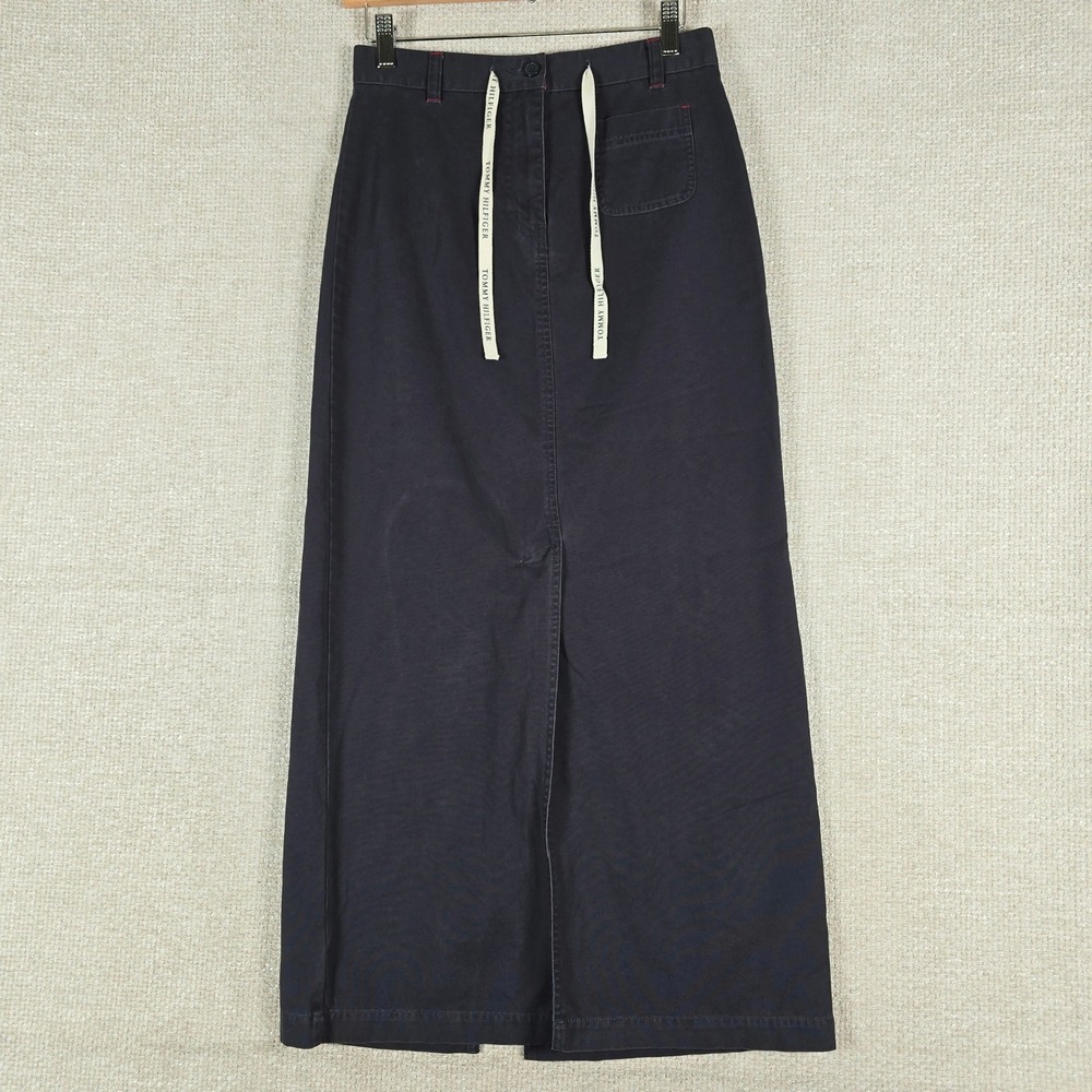 VTG 90s Tommy Hilfiger Maxi Skirt Womens 4 Navy Blue Cotton Y2K‎ Logo Drawstring
